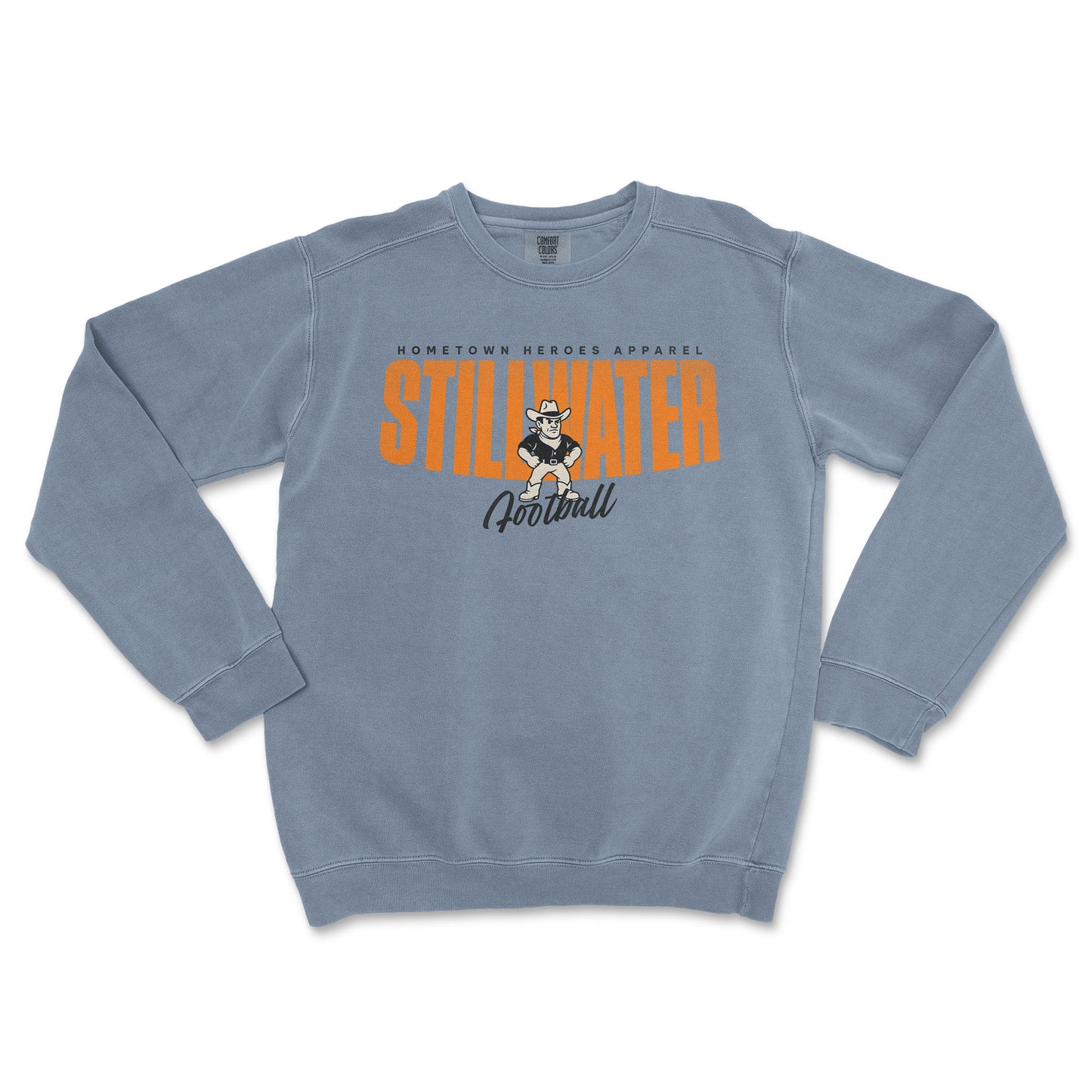 Blue sweatshirt with 'Stillwater Football' text and logo on a white background