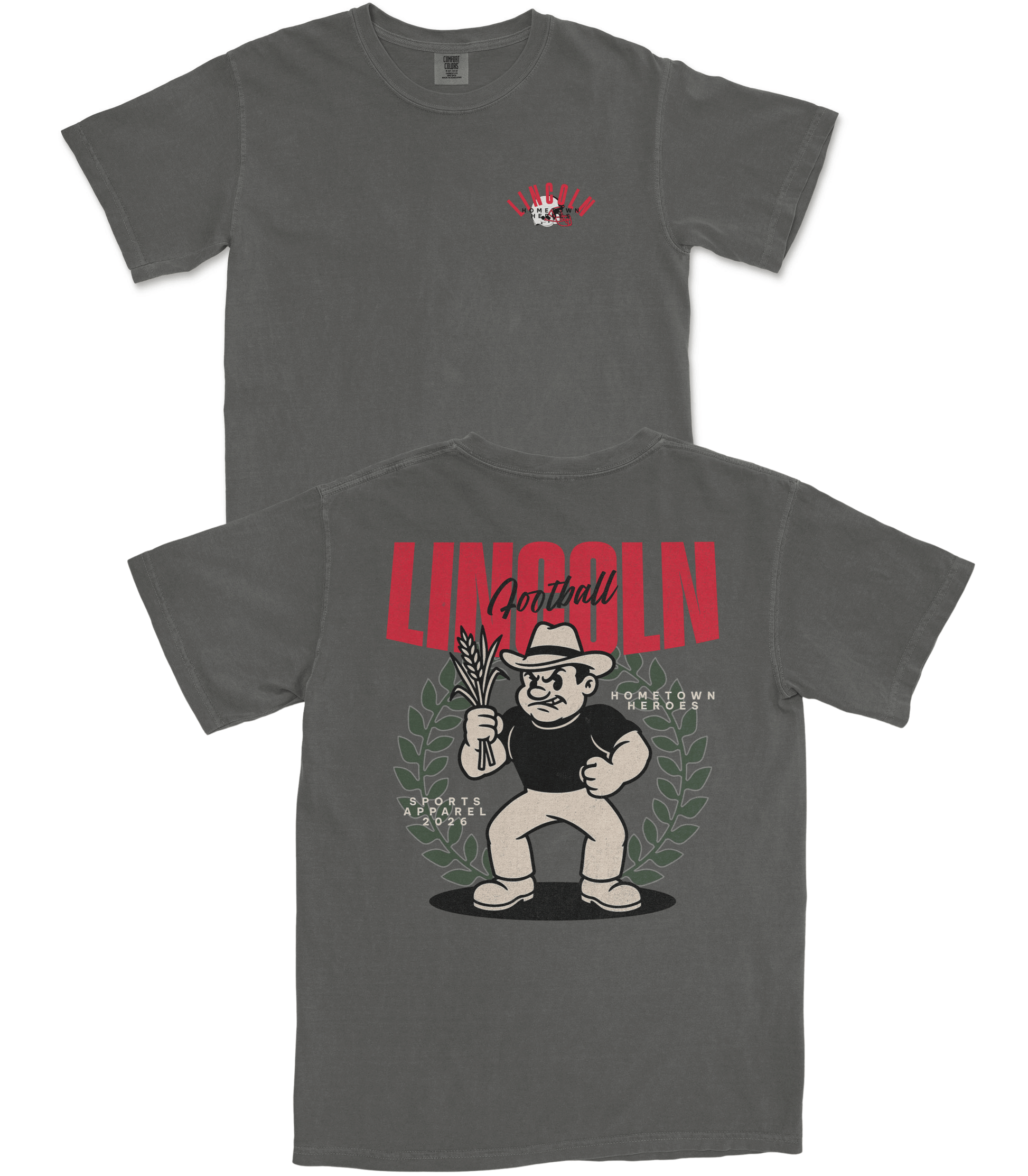 Gray t-shirt with cartoon character and 'Lincoln' text on a white background