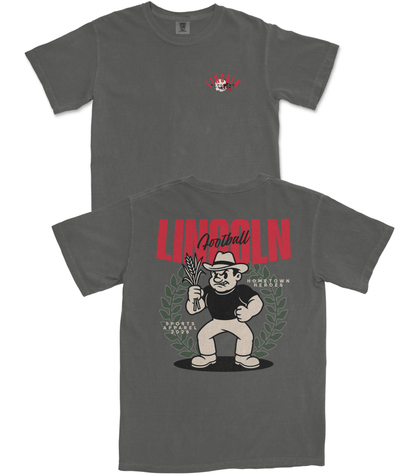 Gray t-shirt with cartoon character and 'Lincoln' text on a white background