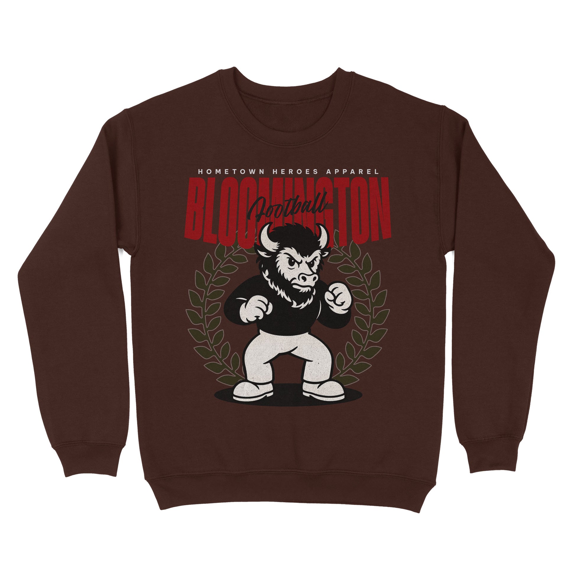 Brown sweatshirt with a graphic of a bull and text on a white background