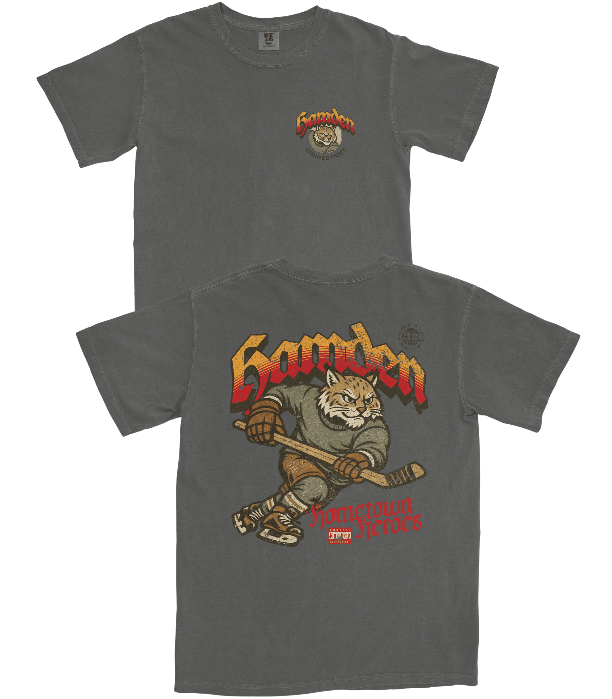 Gray t-shirt with graphic design and text on a white background