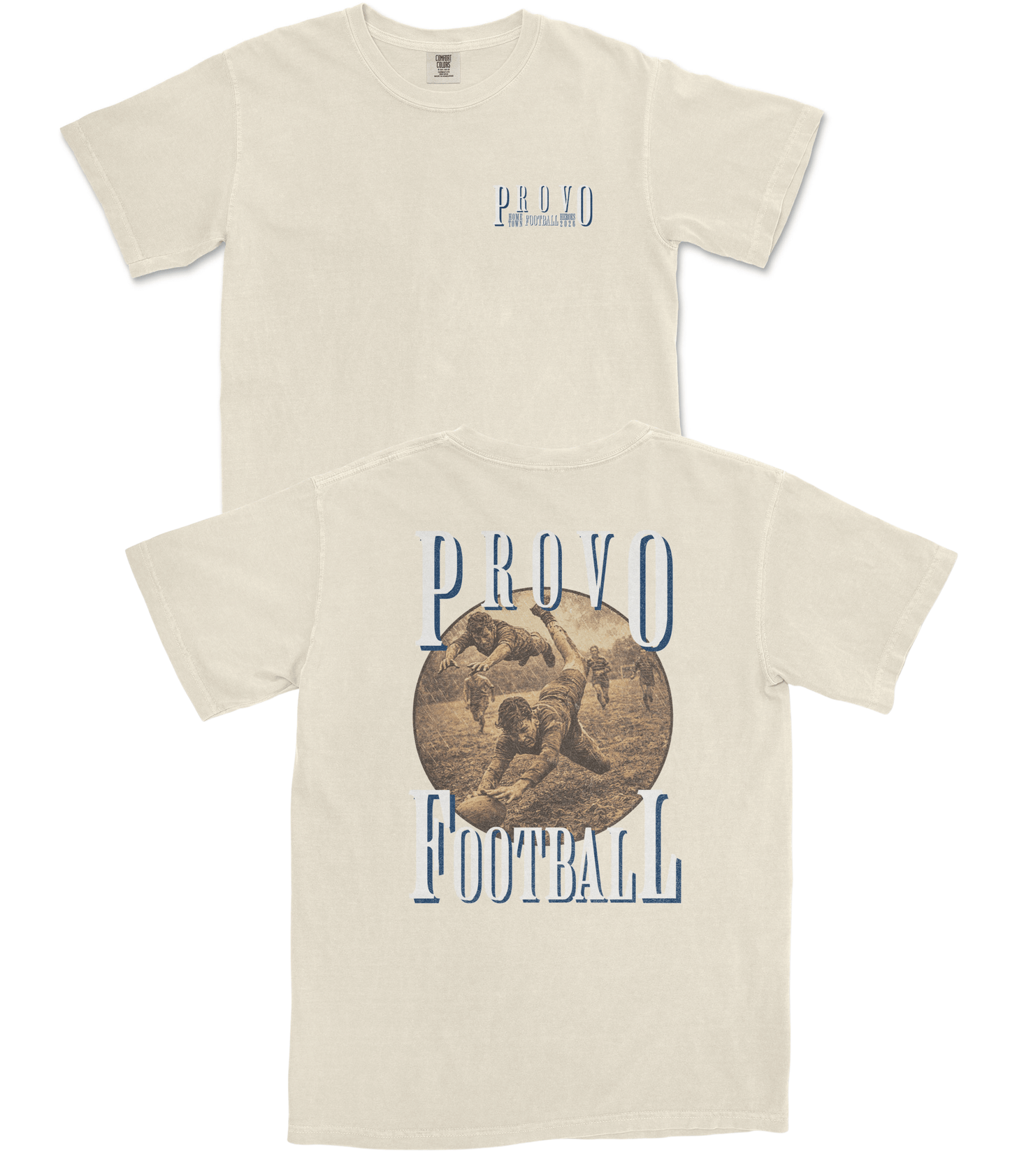 Beige t-shirt with 'Provo Football' graphic design on a white background
