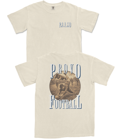 Beige t-shirt with 'Provo Football' graphic design on a white background
