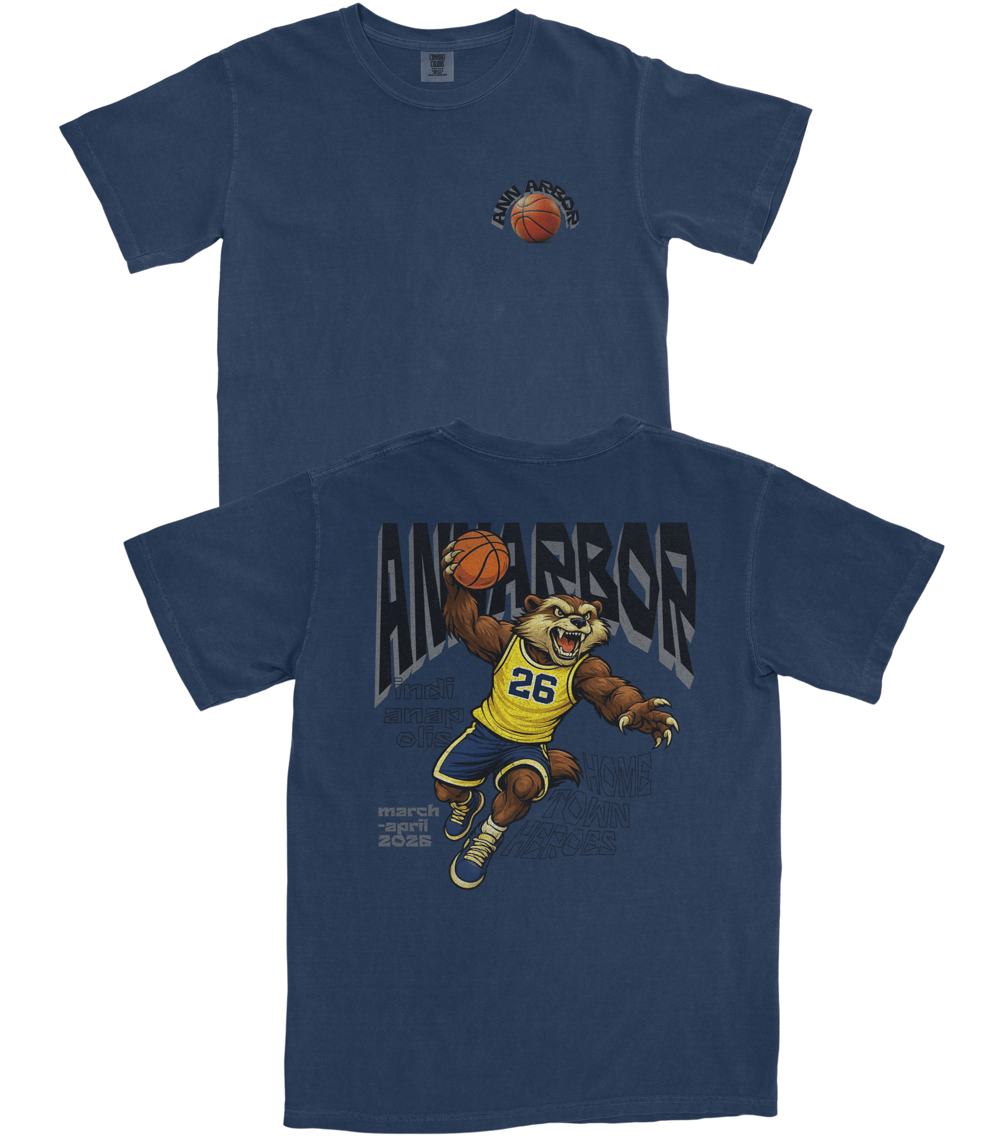Two blue t-shirts with a bear holding a basketball and 'Humber' text design.