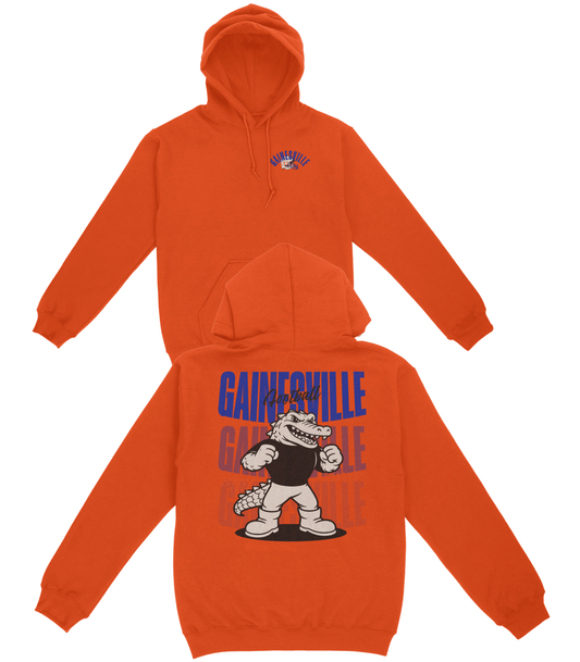 Orange hoodie with 'Gainesville' and cartoon character on a white background