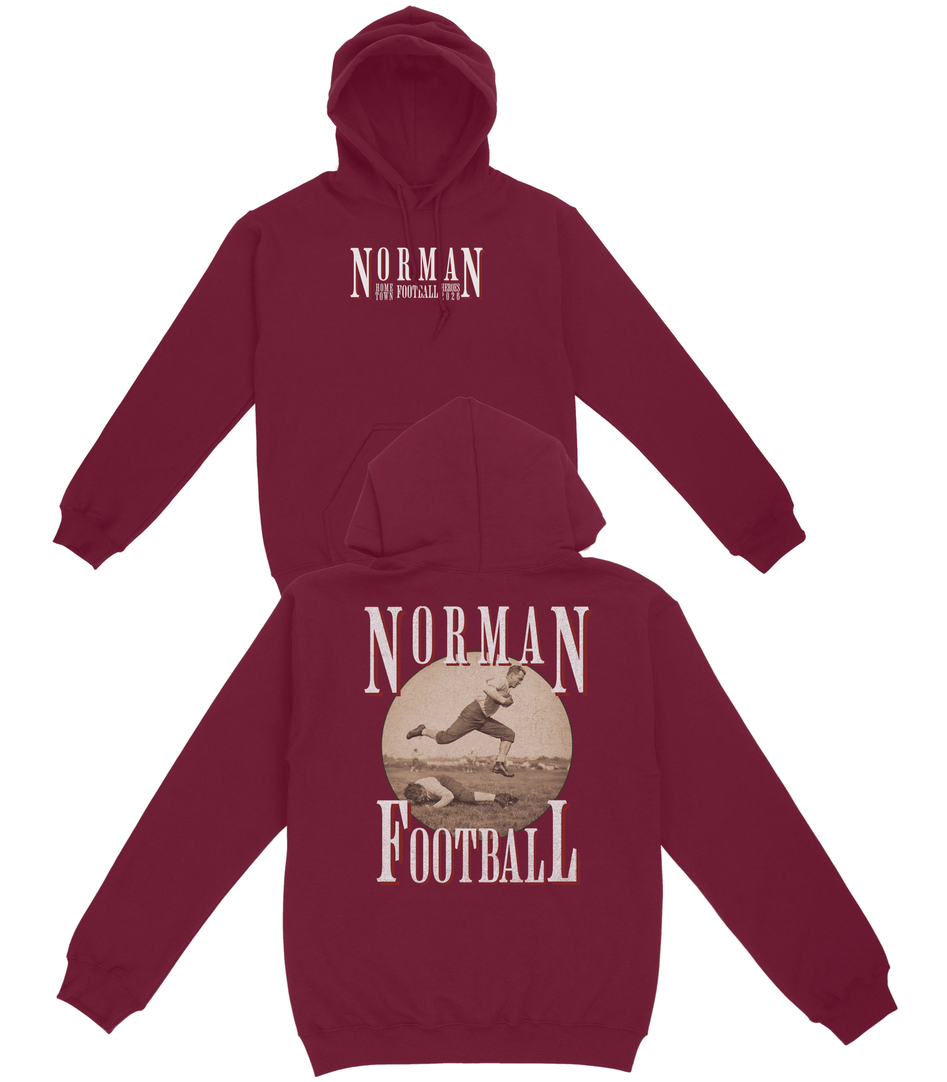 Maroon hoodie with 'Norman Football' text on front and back, on a white background