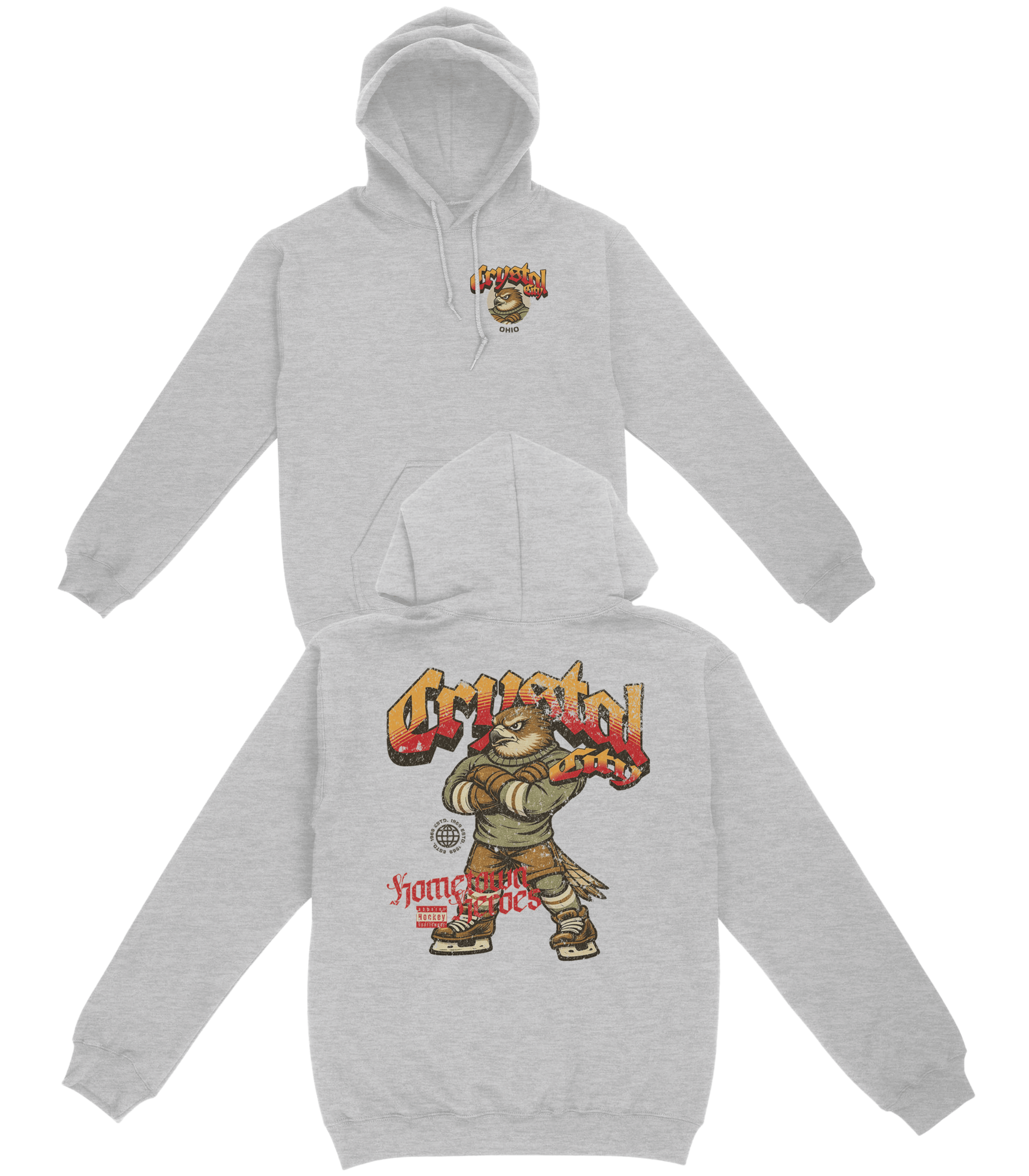 Gray hoodie with graphic design on a white background