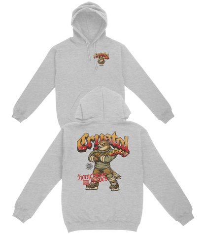 Gray hoodie with graphic design on a white background