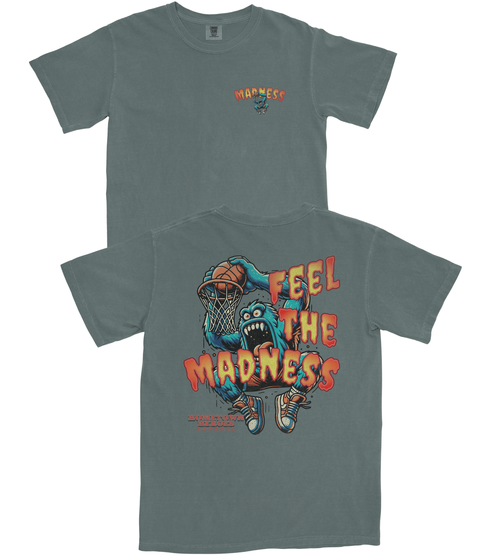 Gray t-shirt with a graphic design of a monster playing basketball and text 'FEEL THE MADNESS' on a white background.