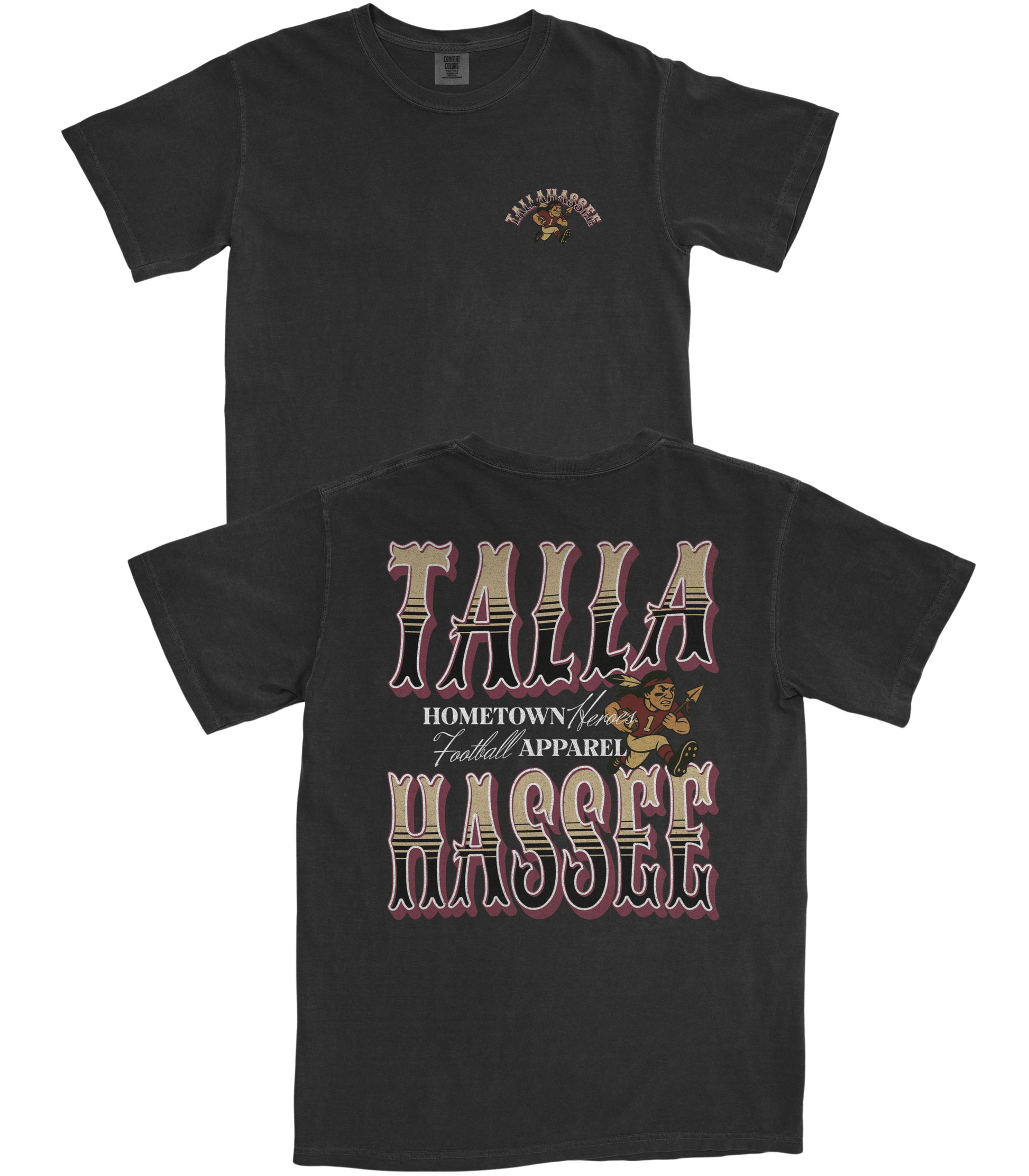 Black t-shirt with colorful graphic design on a white background