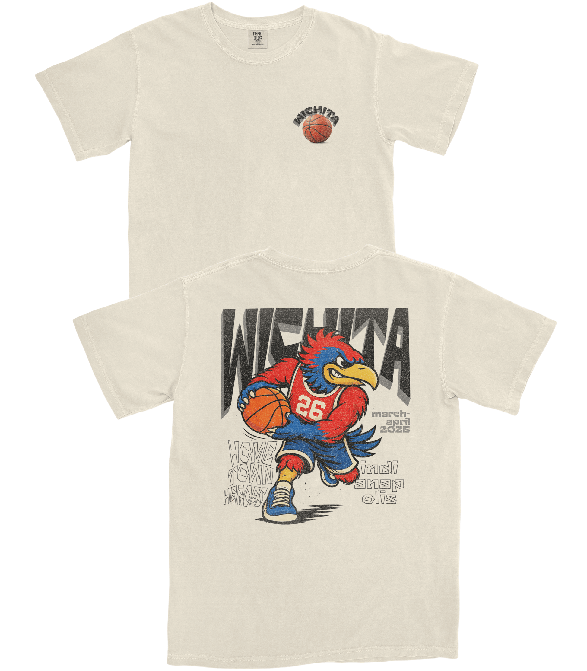 Beige t-shirt with a graphic of a rooster holding a basketball and text on a white background