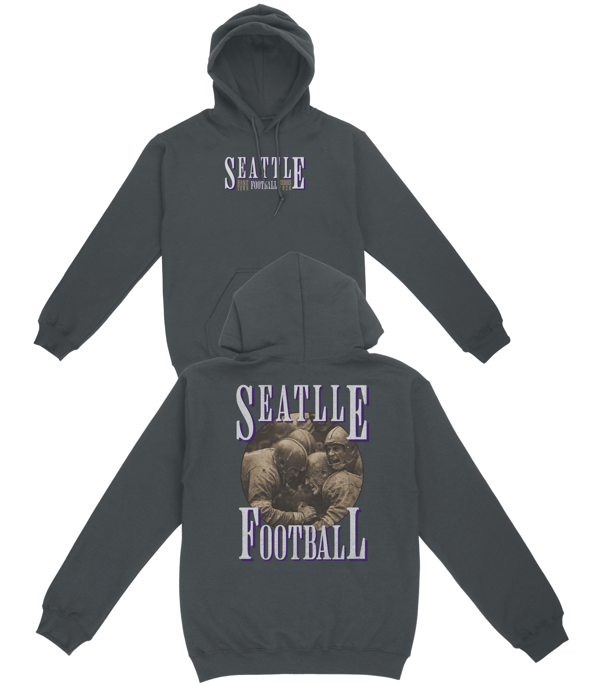 Dark gray hoodie with 'Seattle Football' text and graphic on a white background