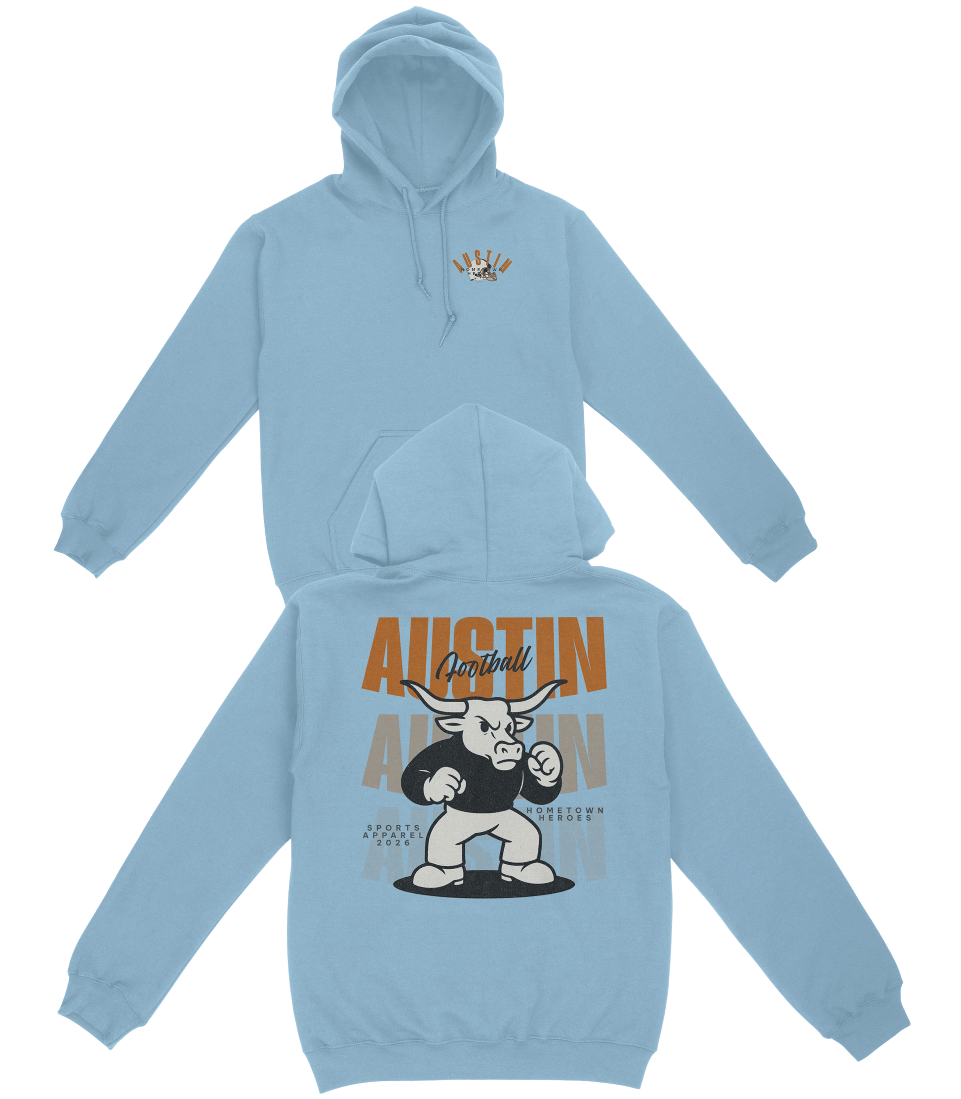 Light blue hoodie with a graphic design on the back featuring a bull and text.