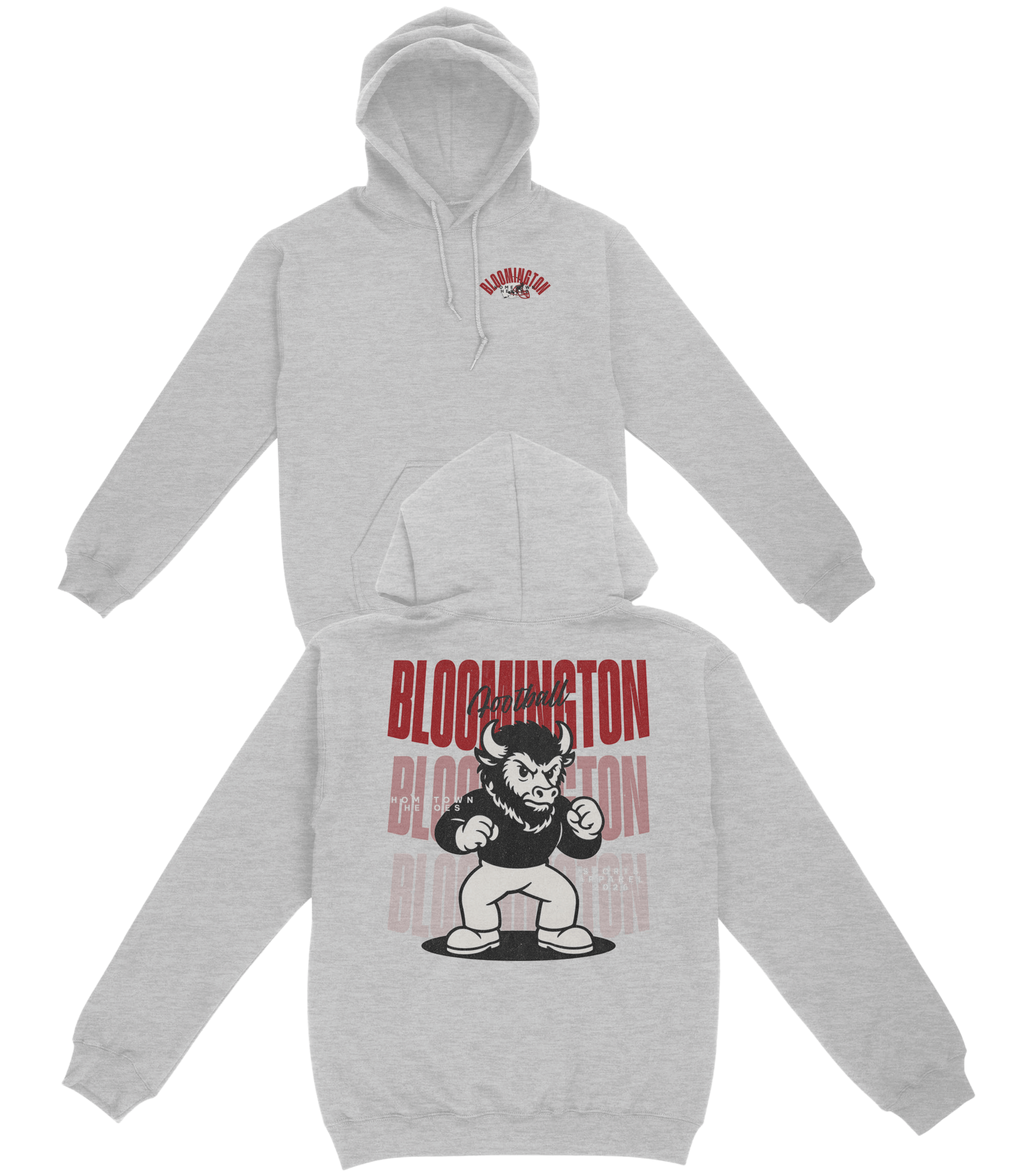 Gray hoodie with cartoon character and text on a white background