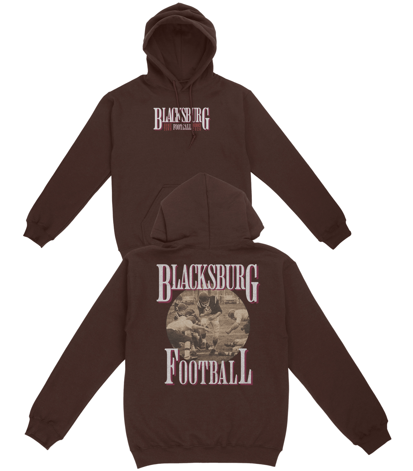 Brown hoodie with 'Blacksburg Football' text on front and back, displayed flat.