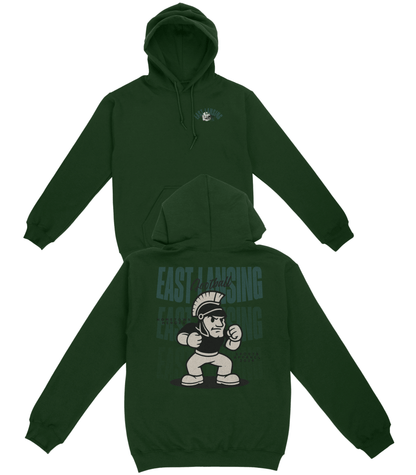 Green hoodie with front and back views on a white background