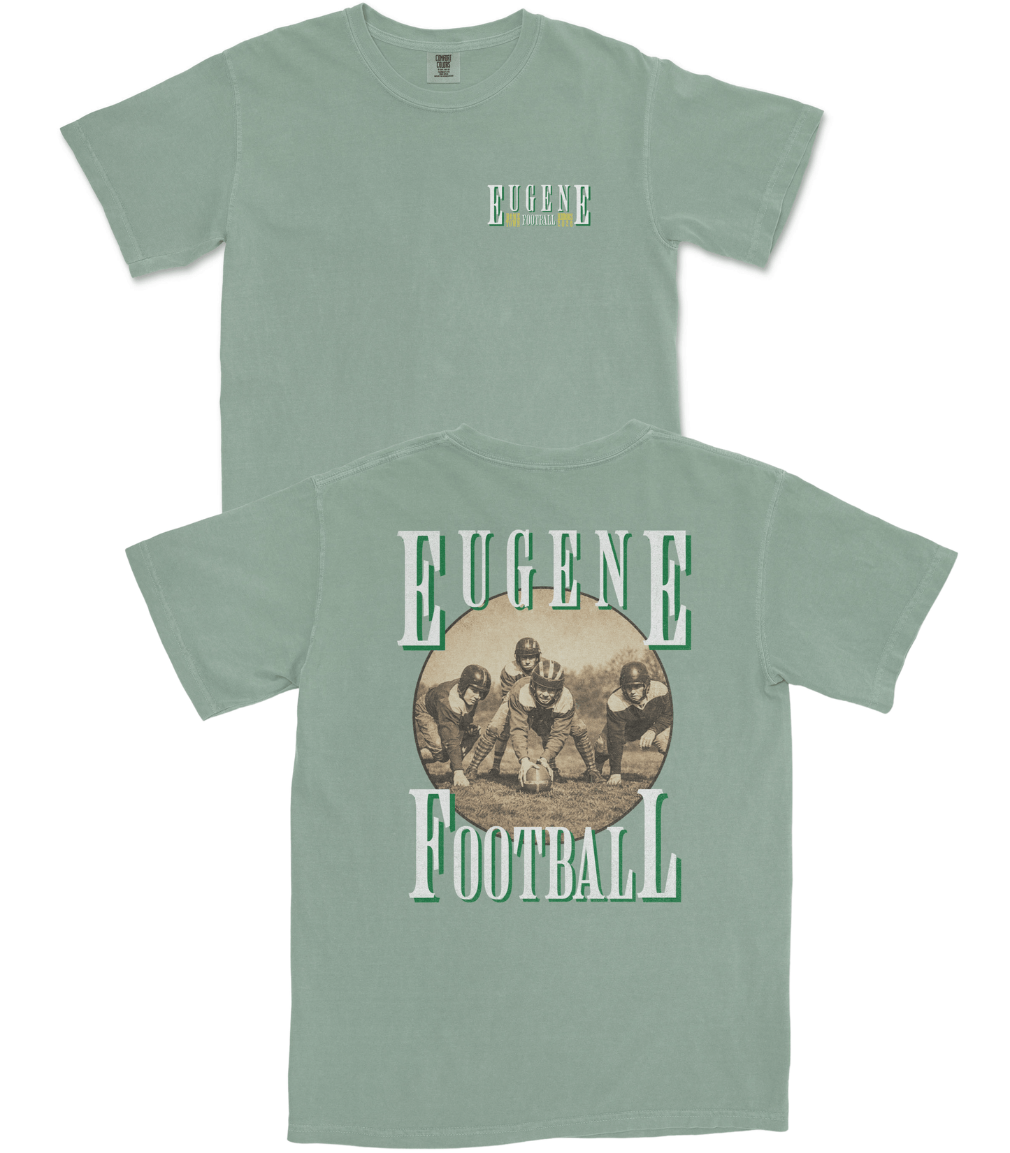Green t-shirt with 'Eugene Football' design on a white background