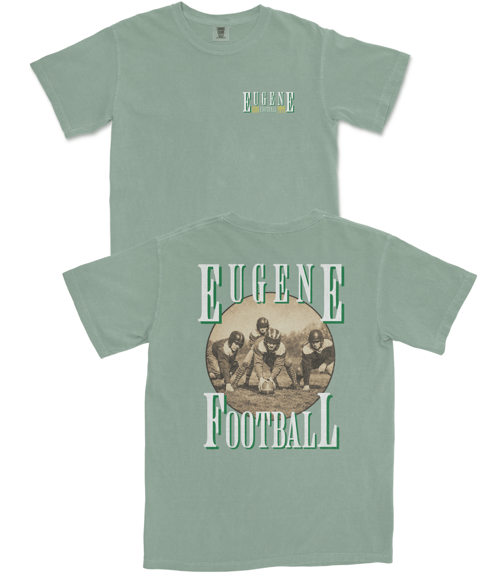 Green t-shirt with 'Eugene Football' design on a white background