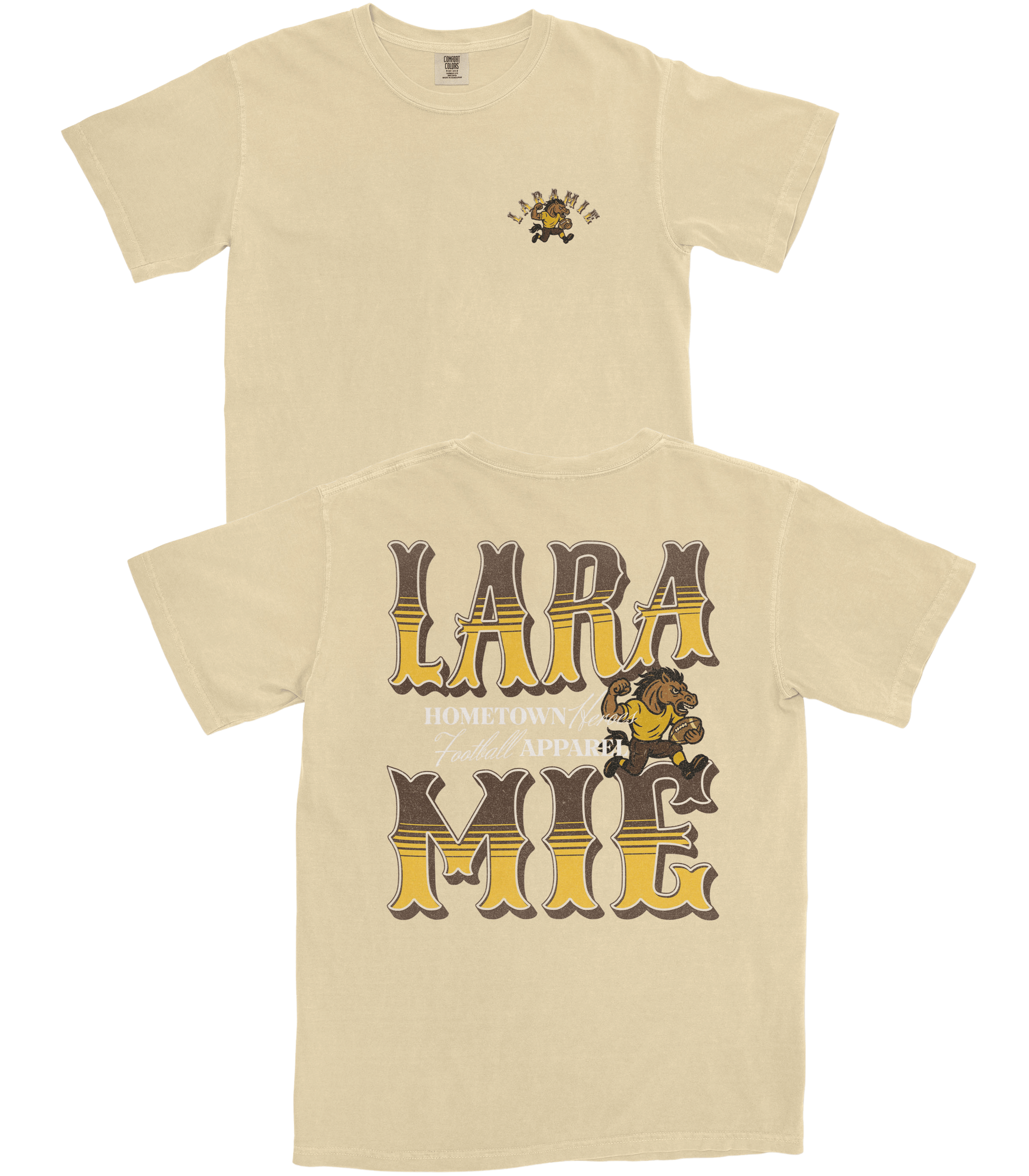 Beige t-shirt with 'LARA MIE' graphic design on a white background