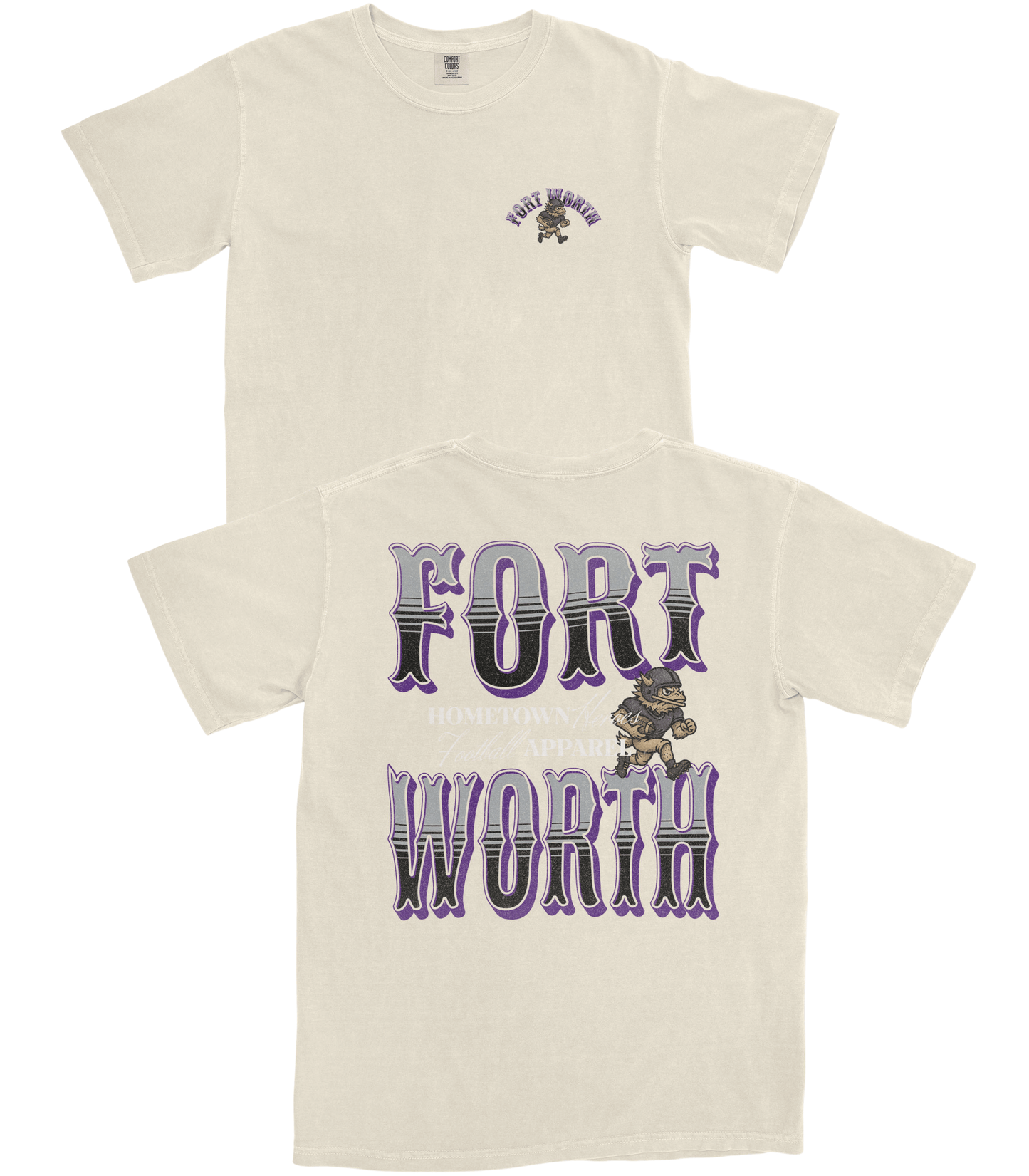 Two cream-colored t-shirts with 'Fort Worth' text and graphics on a white background