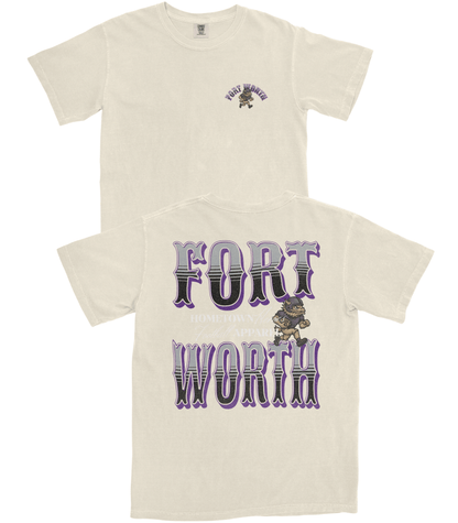 Two cream-colored t-shirts with 'Fort Worth' text and graphics on a white background