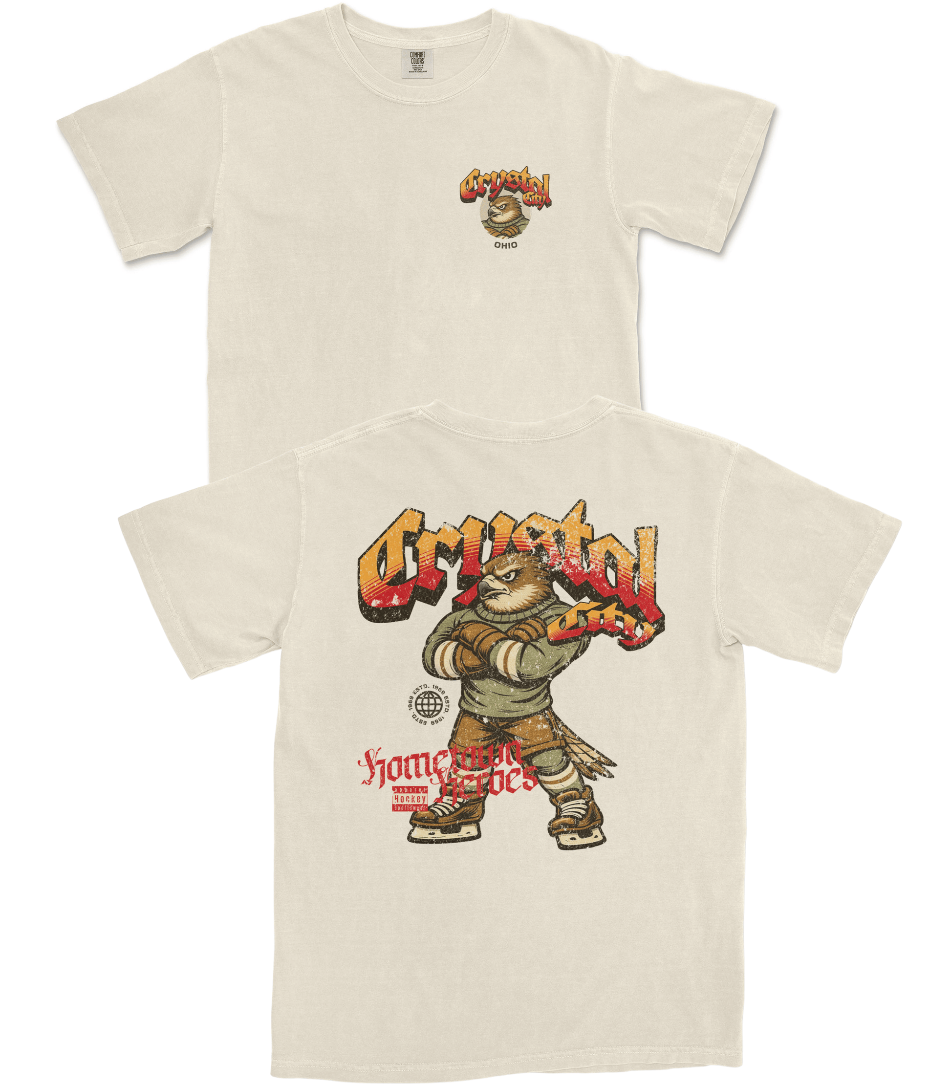 Beige t-shirt with graphic design featuring a character and text on a white background
