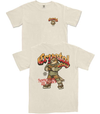 Beige t-shirt with graphic design featuring a character and text on a white background
