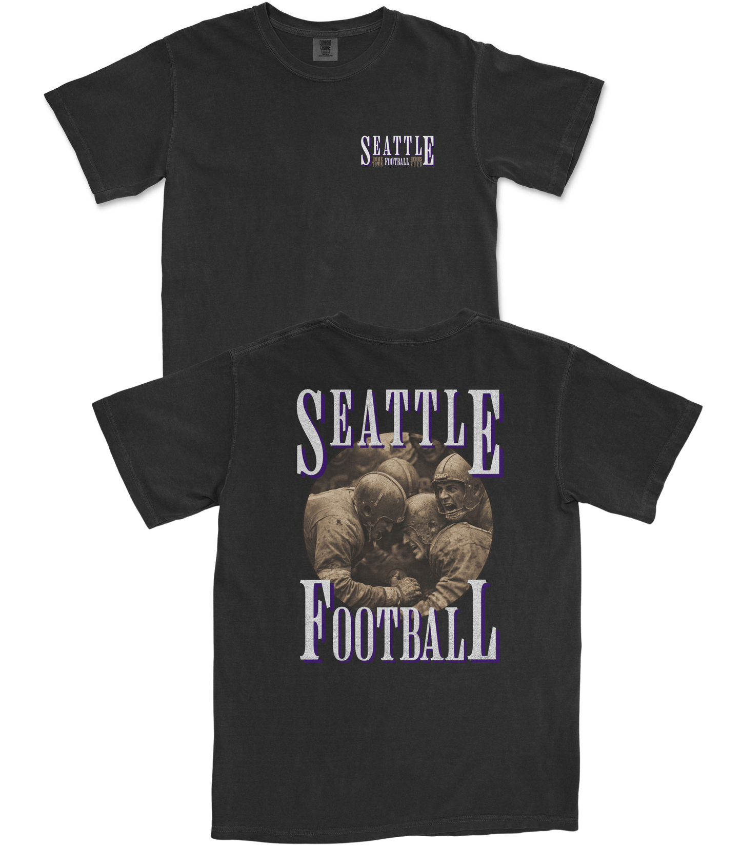Black t-shirt with 'Seattle Football' text and vintage-style graphic on a white background