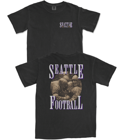 Black t-shirt with 'Seattle Football' text and vintage-style graphic on a white background