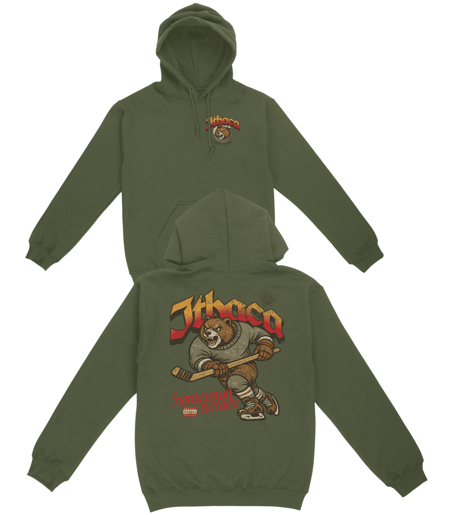 Green hoodie with 'Hamden' logo and bear graphic on a white background