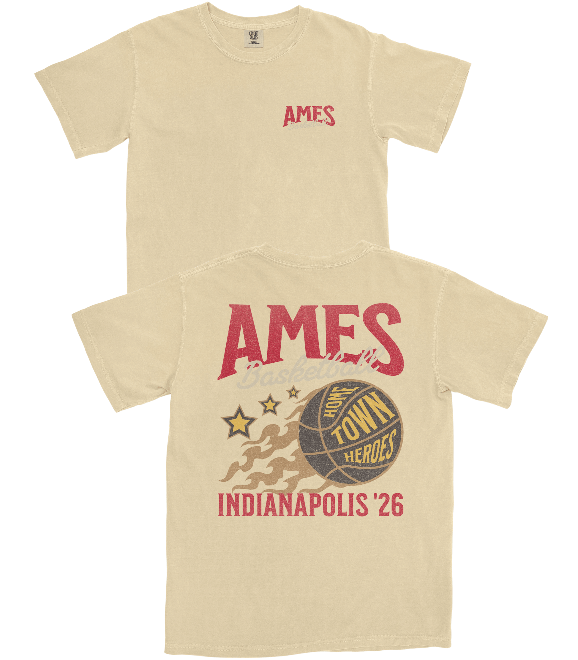 Beige t-shirt with red and black graphics and text on a white background