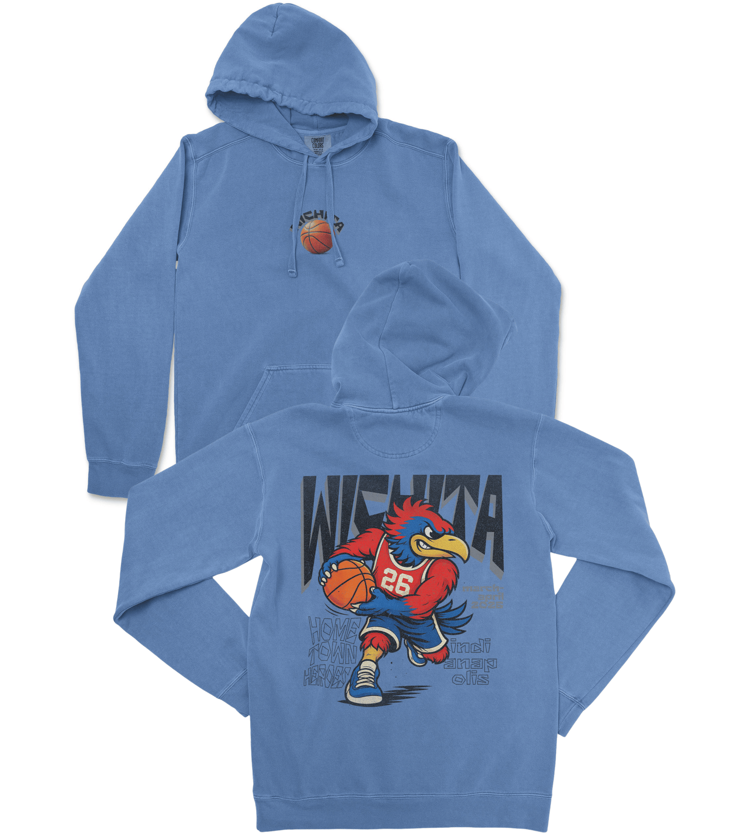 Blue hoodie with a cartoon character and 'Wichita' text on the front and back, displayed on a white background.