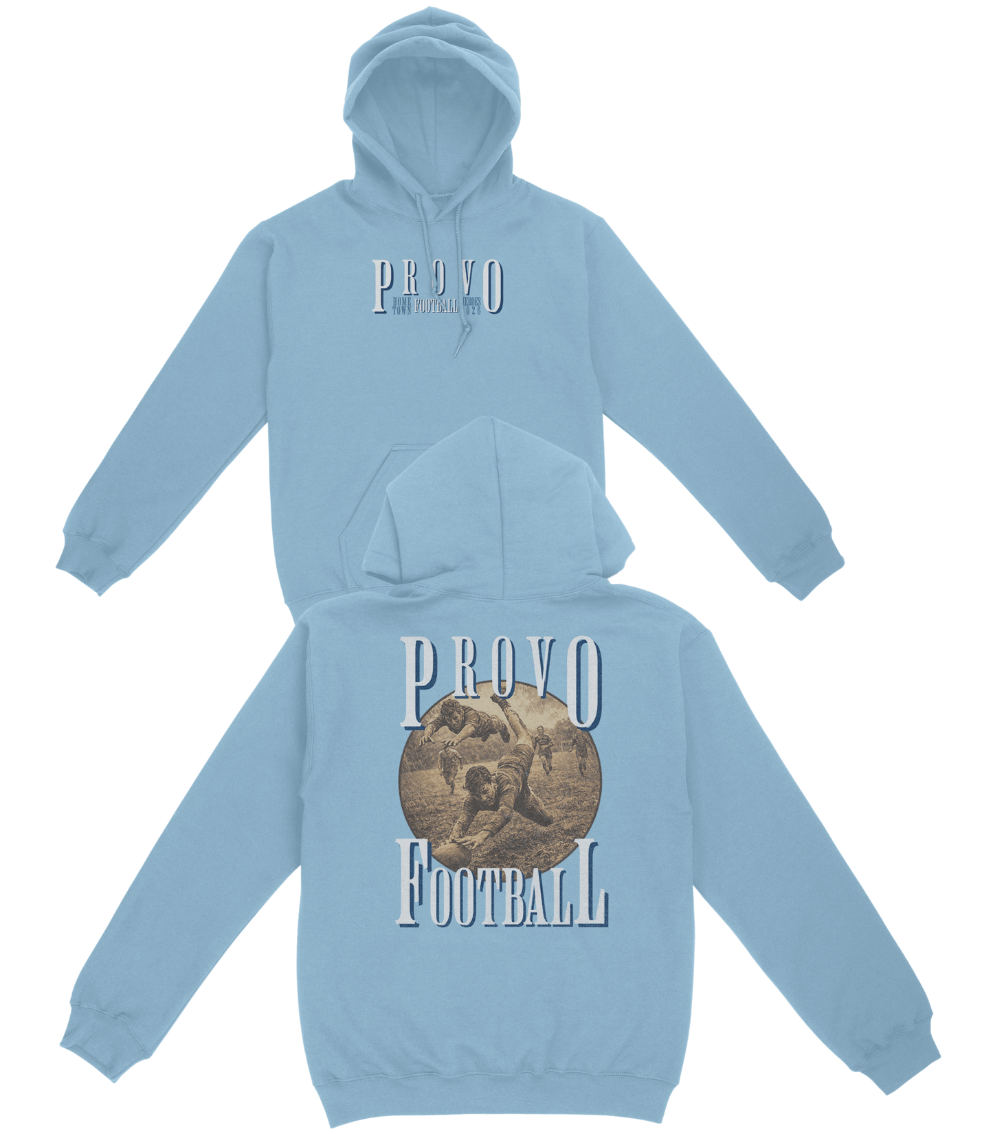 Light blue hoodie with 'Provo Football' text and design on a white background