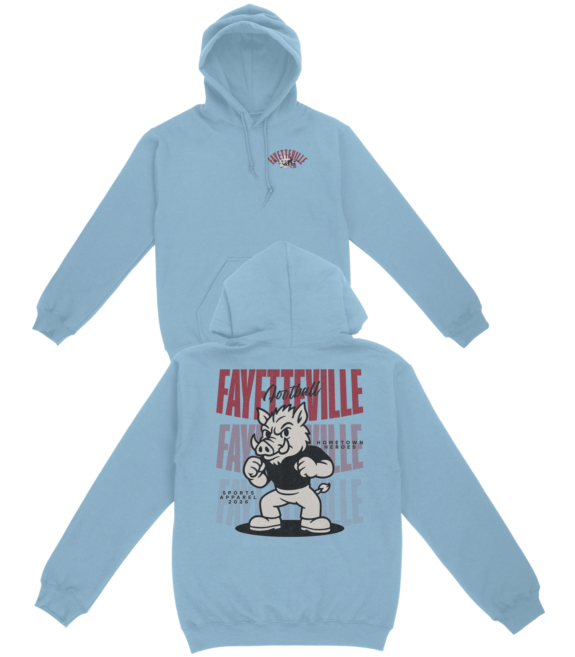 Light blue hoodie with a graphic of a dog and text on the front and back, on a white background.