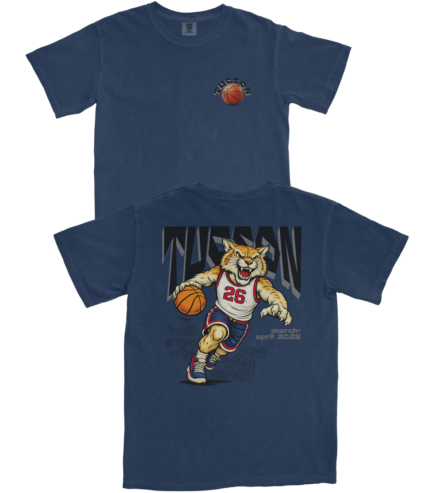 Navy blue t-shirt with a sports-themed graphic on the front and back