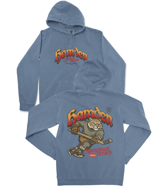 Blue hoodie with graphic design on front and back, featuring a logo and text.