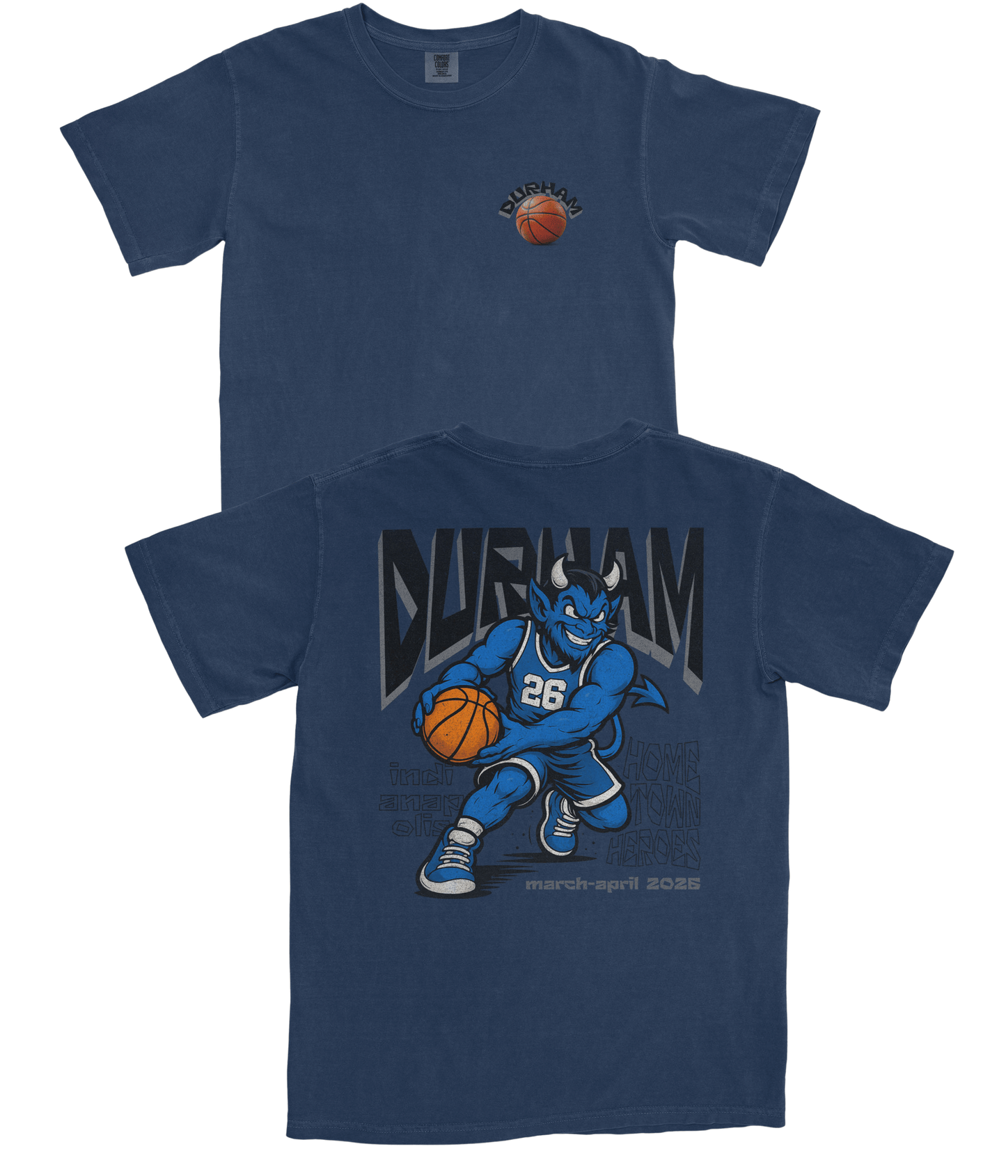 Two blue t-shirts with a basketball design on a white background