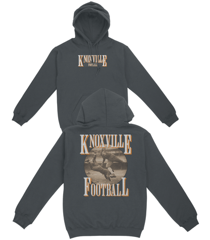 Dark gray hoodie with 'Knoxville Football' text and graphic on front and back, on a white background.