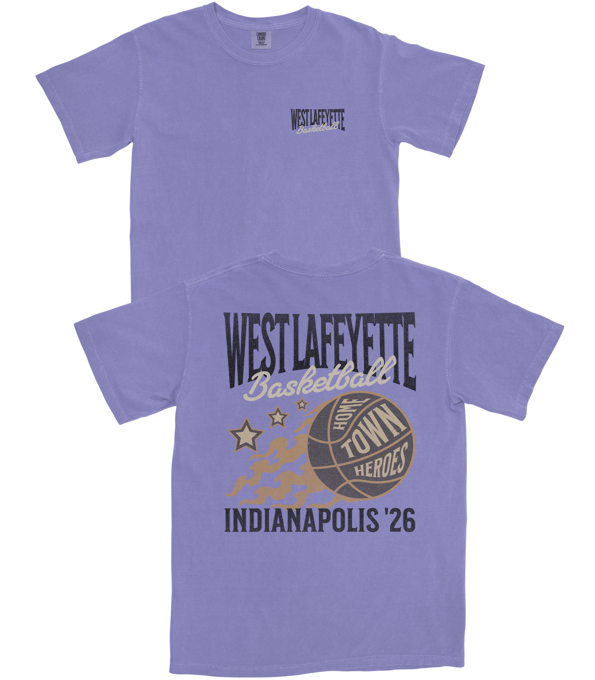 Purple t-shirt with 'West Lafayette Basketball' design on a white background