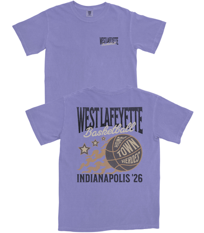 Purple t-shirt with 'West Lafayette Basketball' design on a white background