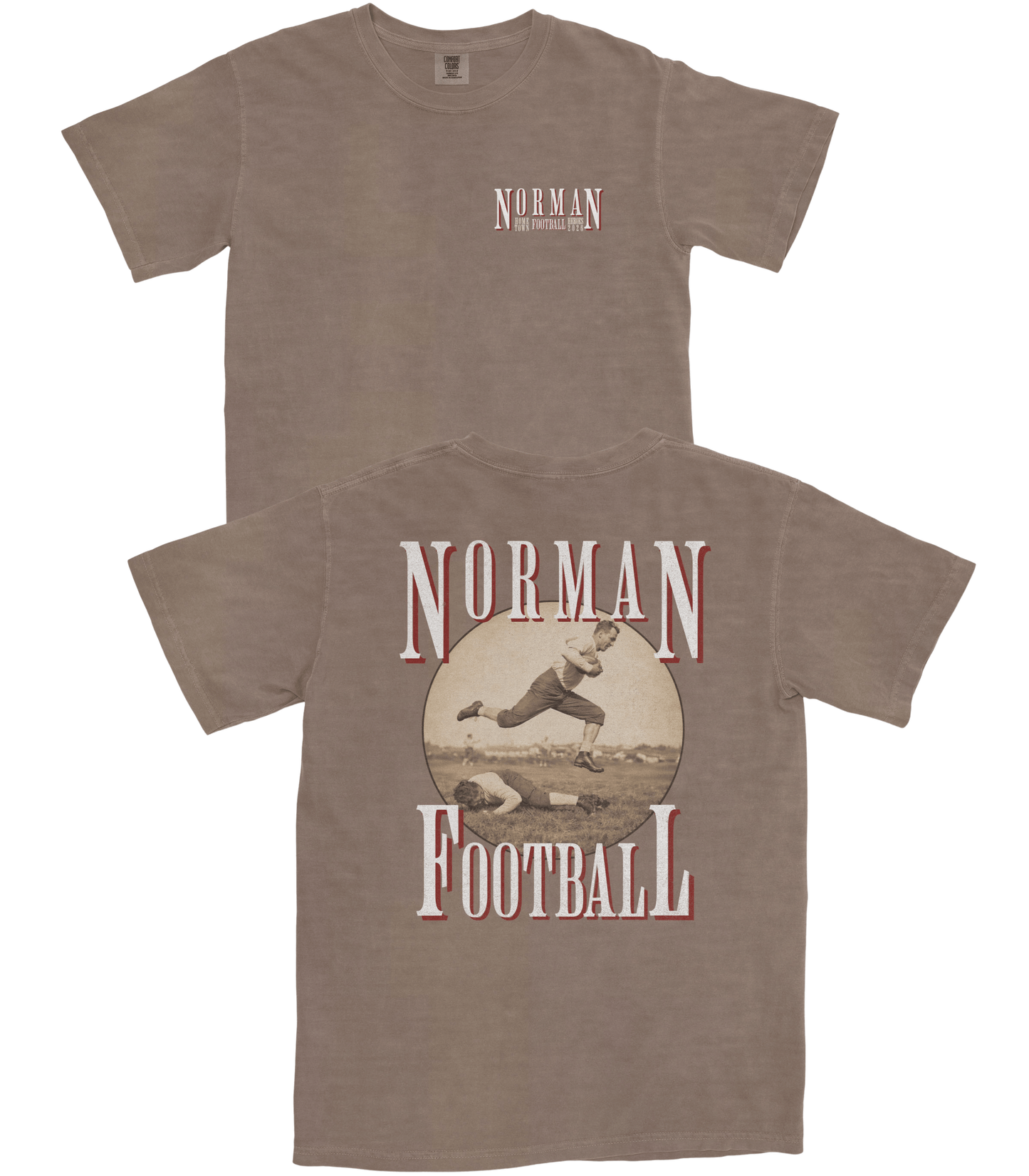 Two brown t-shirts with 'Norman Football' design on a white background