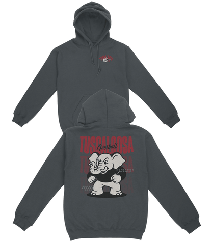 Gray hoodie with elephant graphic and text on a white background