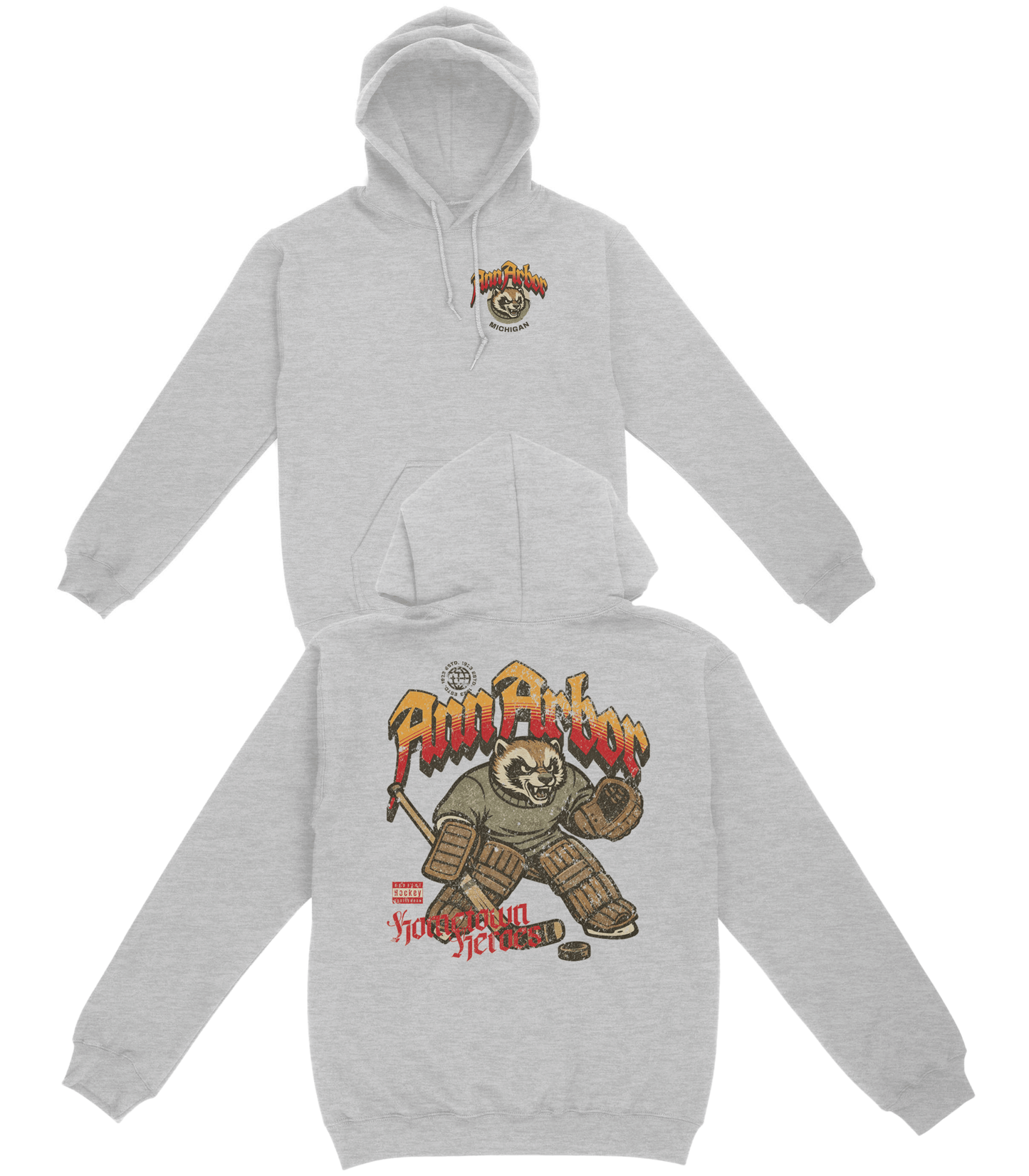 Gray hoodie with graphic design on a white background