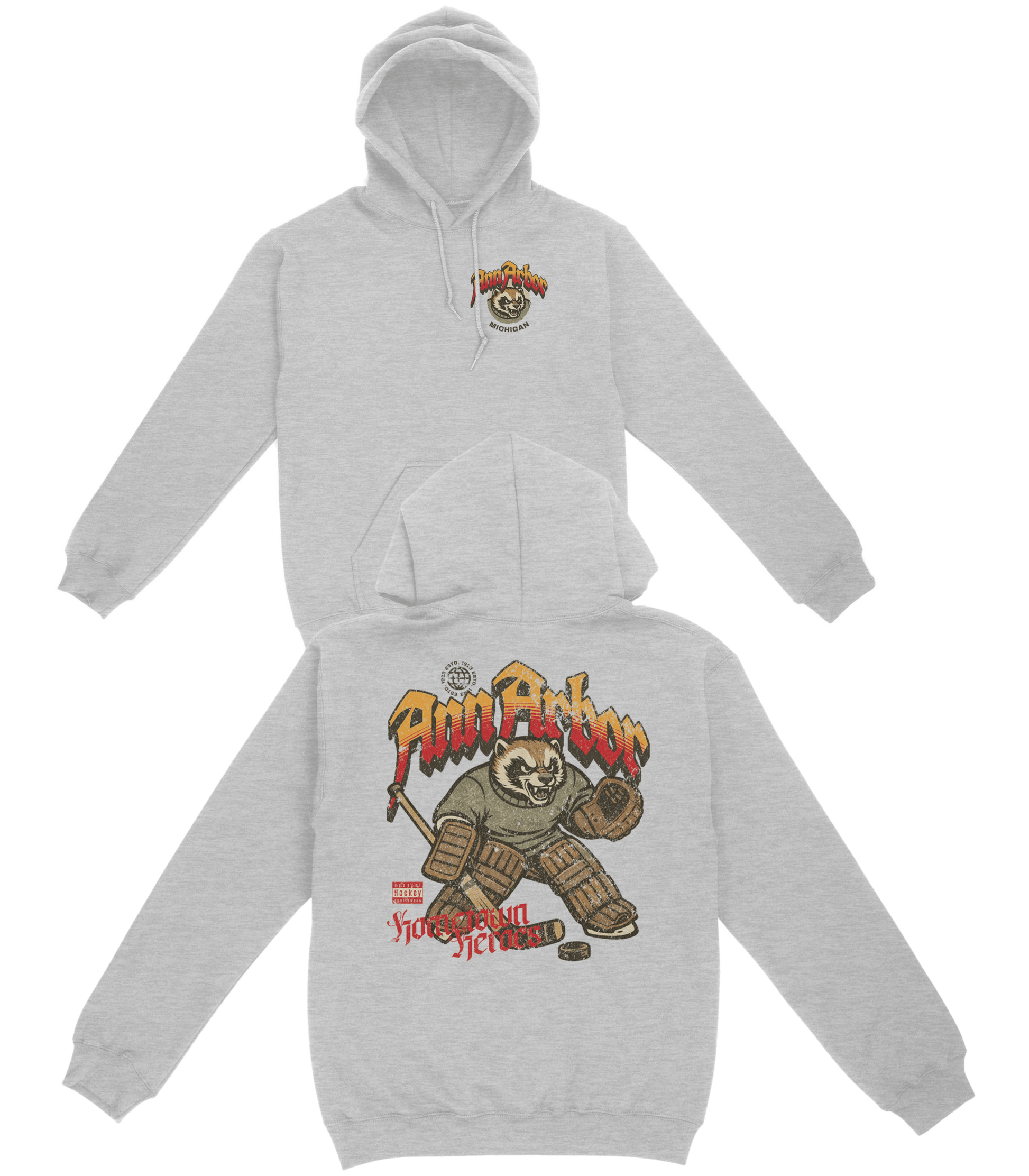 Gray hoodie with graphic design on a white background