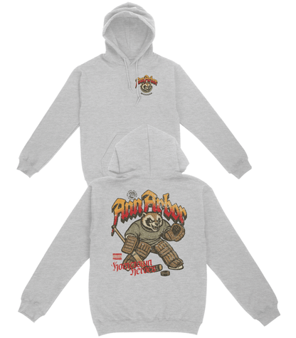 Gray hoodie with graphic design on a white background