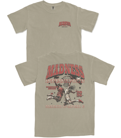 Beige t-shirt with graphic design and text on a white background