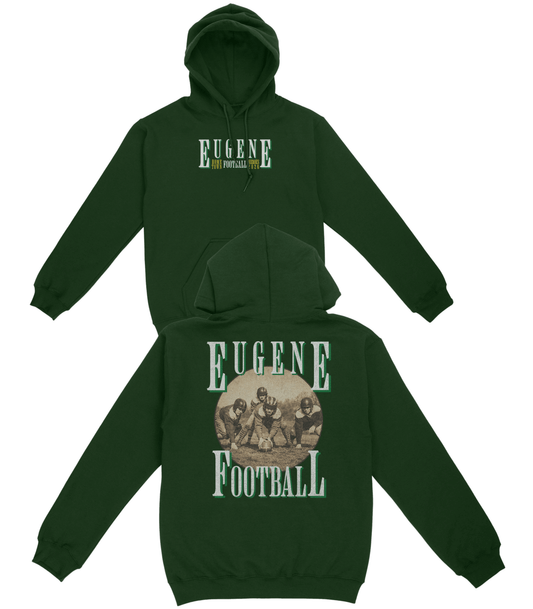 Green hoodie with 'Eugene Football' text on front and back, on a white background