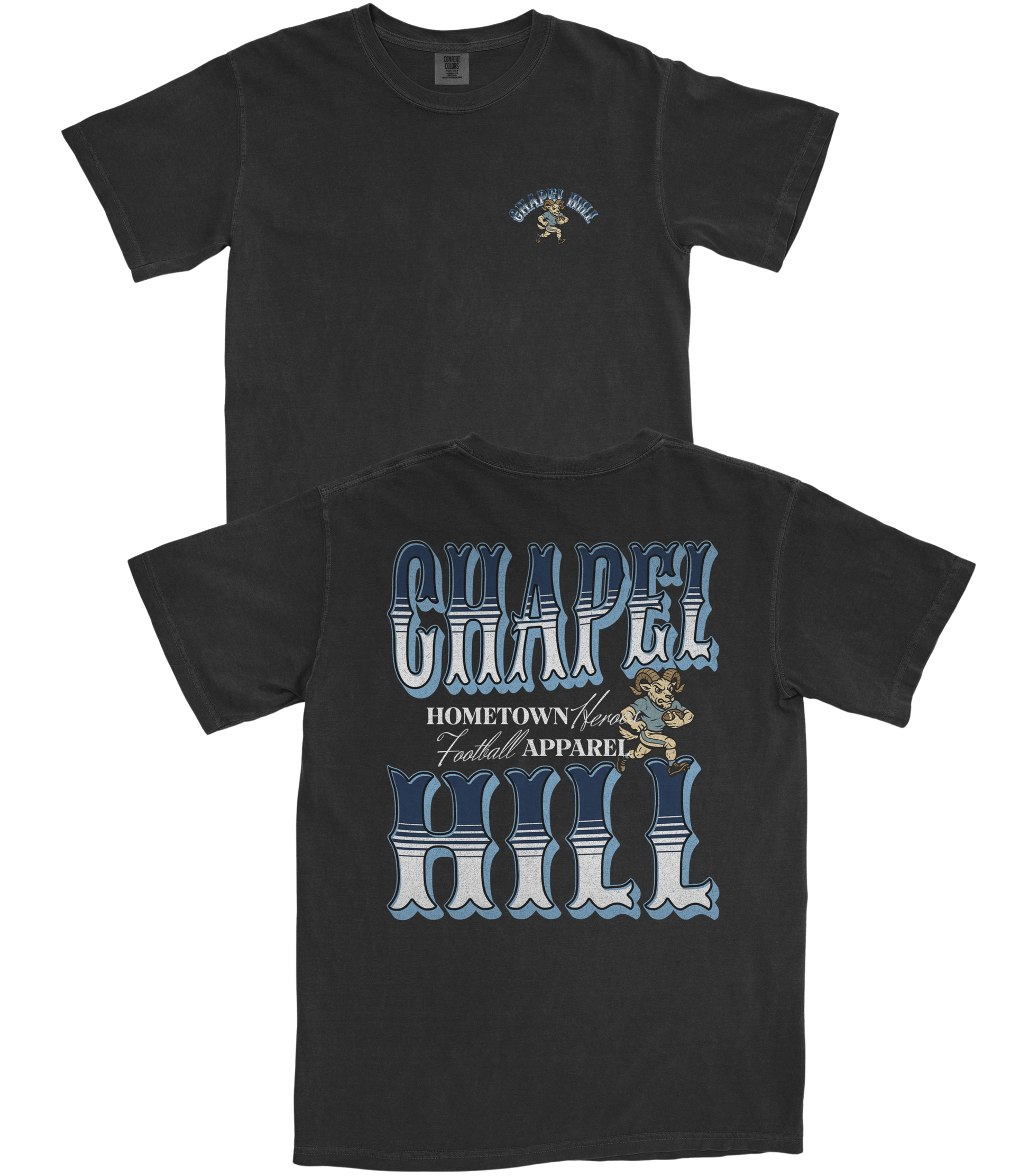 Black t-shirt with 'Chapel Hill' graphic design on a white background