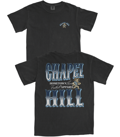 Black t-shirt with 'Chapel Hill' graphic design on a white background