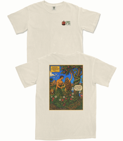 Two views of an off-white short-sleeve t-shirt on a white background. The top view shows a small green and red graphic on the left chest.
